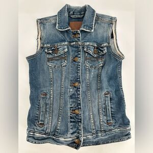 Vtg 90s Abercrombie & Fitch Light Wash Distressed Denim Trucker Vest XS